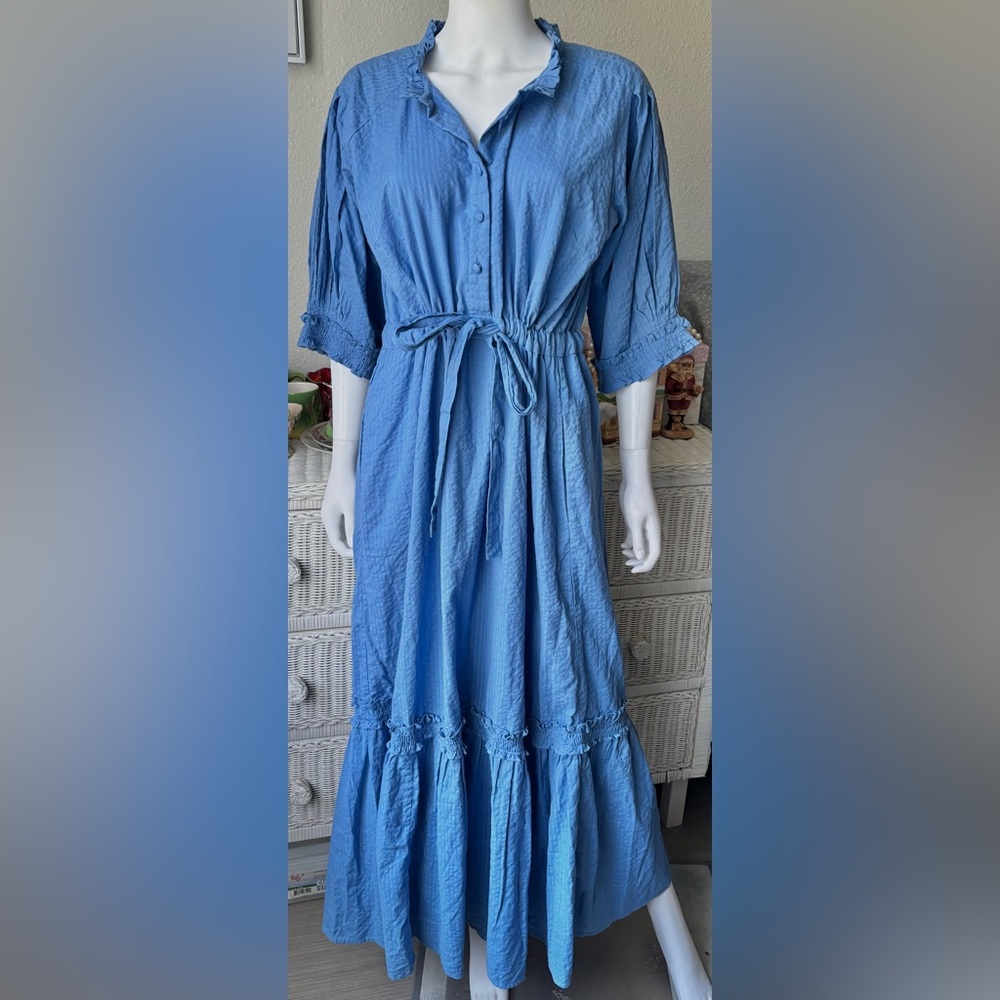 Banjanan Betty Midi Dress Ruffled Cotton Seersucker  Marine Blue Size XXL NWT